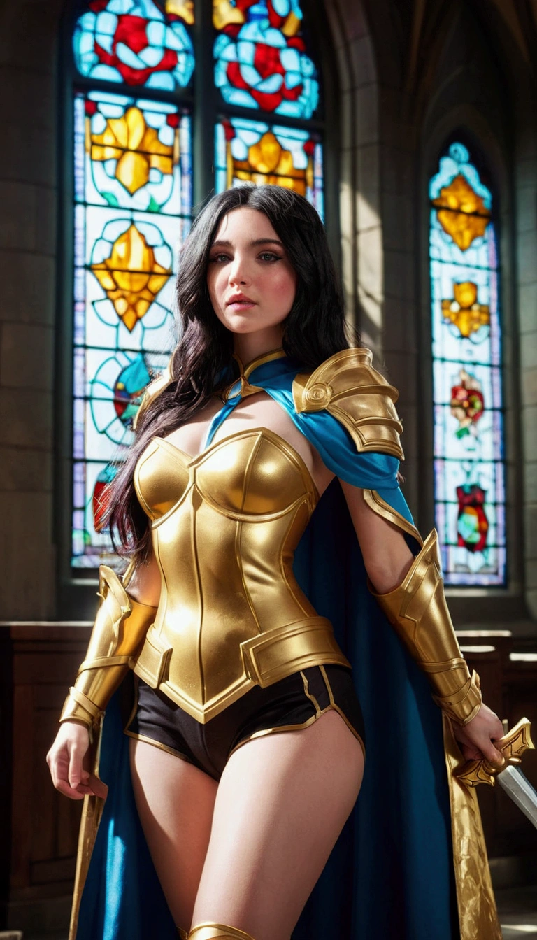 (masterpiece, top quality, best quality, official art, beautiful and aesthetic:1.2), (1girl:1.3), dark brown hair in a huge ponytail, extremely detailed, portrait, looking at viewer, solo, (full body:0.6), detailed background, close up, (warm summer Mediterranean theme:1.1), Athena, charlatan, mysterious, walking in forest, green laurel crown, revealing robes and armor, white Greek robes, goddess, white toga, robe, spear and shield, metal, light brown leather, cloak, bracers, armor, gauntlets, sandals, buckles, straps, see-through white fabric, ((((gigantic breasts, cleavage, skindentation)))), slim waist, slim hips, long legs, ancient (Parthenon exterior:1.1) background, dark mysterious lighting, shadows, magical atmosphere, dutch angle,