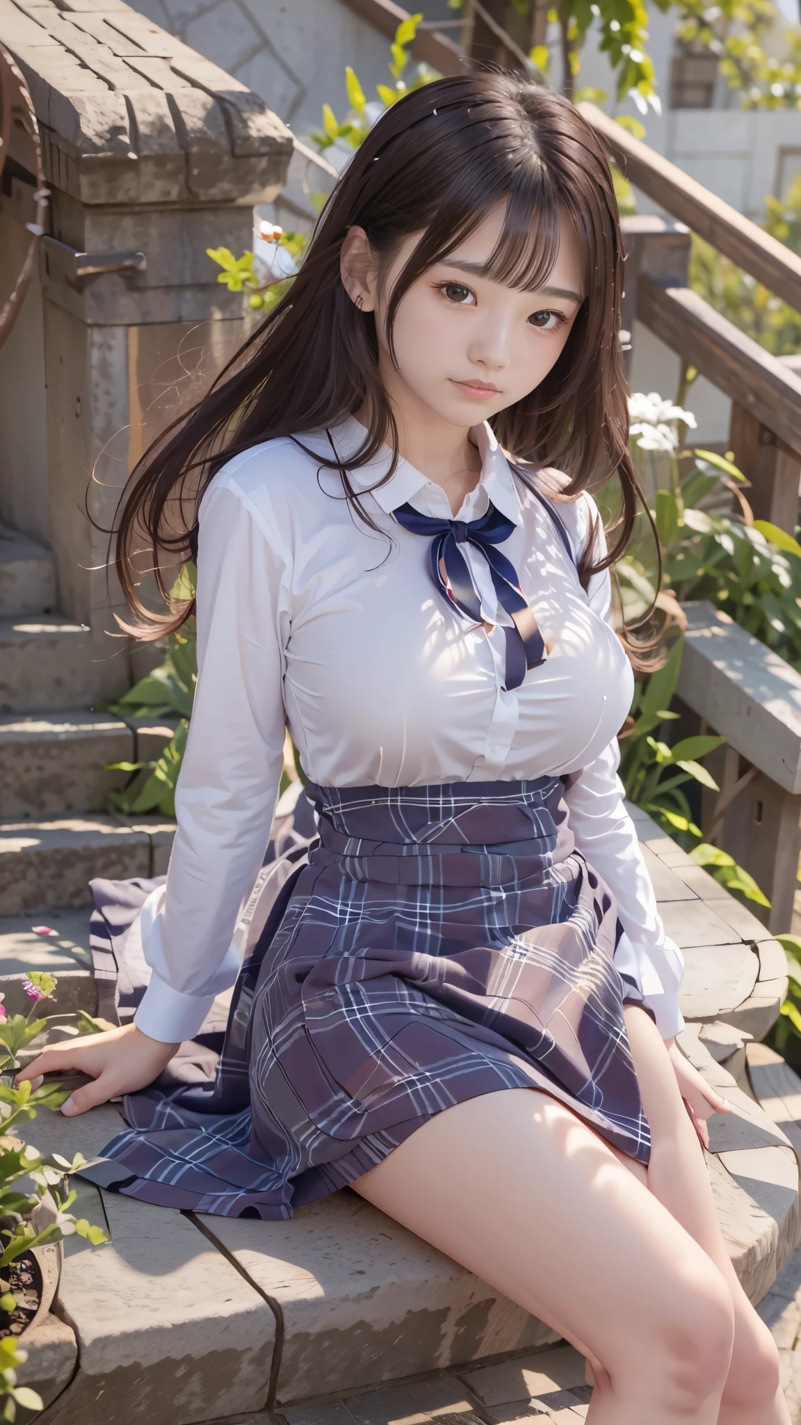 ( RAW photo:1.2), (Realistic),   Beautiful detailed girl ,  Very detailed eyes and face,   beautiful details  ,  large file size ,  high definition ,  Very detailed,  best quality, [ table top naked underneath the jacket:1.6], shape,  Very detailed,  Finer Details ,  best quality, 8k wallpaper,  Movie Lighting, Young-faced female student ,  A strong wind blows from below ,  lifts her skirt to reveal her panties., Go down the stairs,  surprised expression,  shirt,  cute design panties, Beautiful color by ,   with a rolled up uniform skirt  , Sunny Day,  skirt fluttering in the wind, ,   Long Hair Fluttering in the Wind ,  body adorning earrings , , Stunning breast milk bag,  exposed panties , ( detailed hands :1.3, Perfectly right move:1.2), (Detailed legs:1.2,  Thin Thighs ,  beautiful feet)