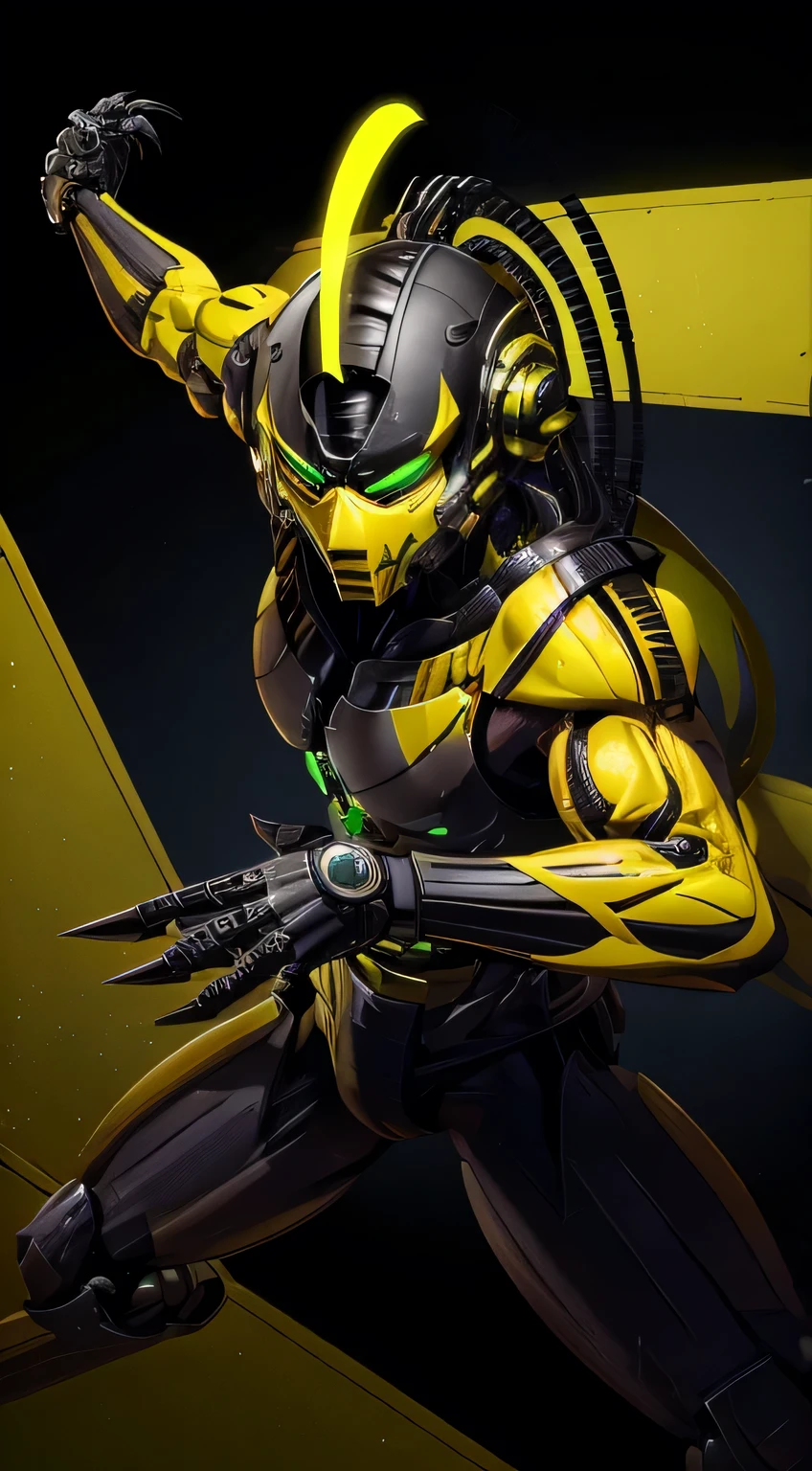 zxcrx, cyborg ninja wearing sleek, black and yellow armour that incorporates various mechanical components, his face is covered by a helmet with a green visor, wileds explosive bomb, equipped with arm-mounted buzzsaw blades, intricate, high detail, sharp focus, dramatic, photorealistic painting art by greg rutkowski