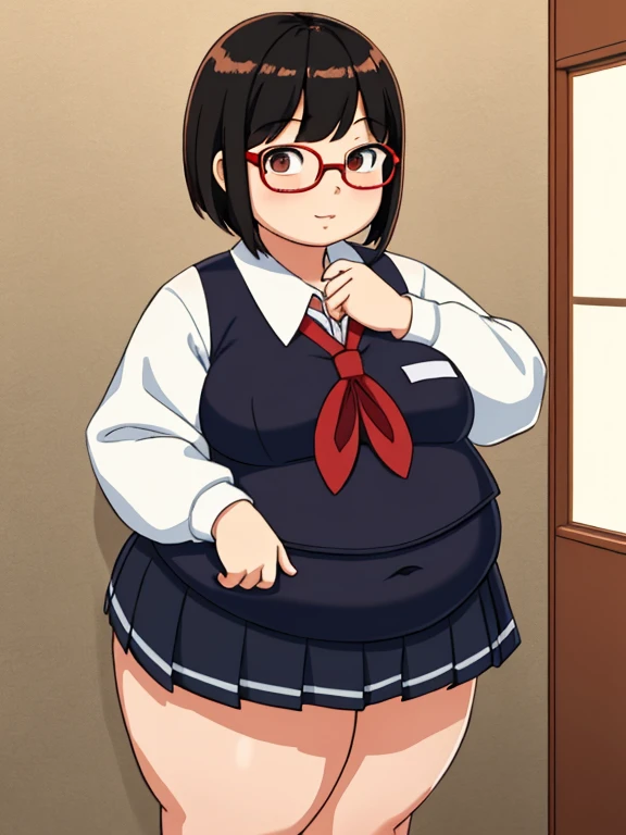 Masterpiece, 1girl, solo, Japanese student, short hair, teen, round face, fat face, fat, chubby, plump body, her appearance reflects her intelligence and shy personality, (she's wearing a black Japanese school uniform and red glasses)
