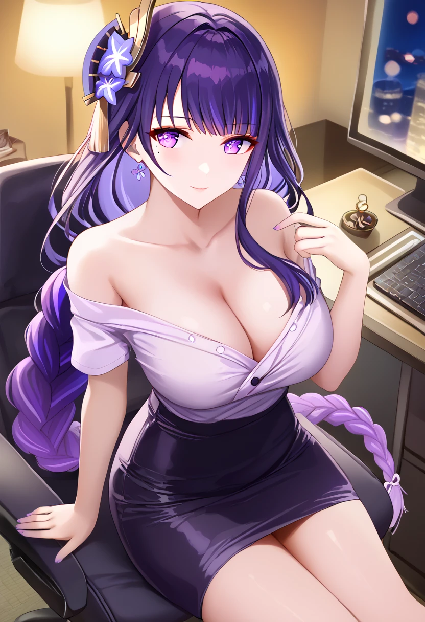 raiden shogun (genshin impact), 1girl, milf, long hair, looking at viewer, glamorous, aroused, maternal smile, blush, sexy, large breasts, purple hair, multicolored hair, short sleeves ,thighs, earrings,closed mouth, secretary, off shoulder, alternate costume, indoors, Tight long dresses,black skirt, from above,sitting on futon,at night, Temptation,