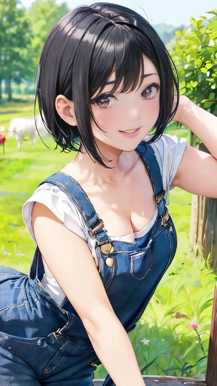 (Pastoral Idyll:1.5), (Beautiful girl busty gravure idol wearing overalls in the countryside:1.3), (black hair color:1.5), (short hairstyle:1.5), (constricted waist:1.3), (full bodyesbian:1.3), (Smiling:1.3)