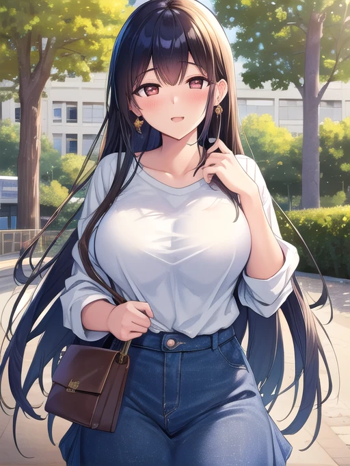 best quality, masterpiece, highres, detailed, perfect anatomy,comic, manga, long hair, white shirt, skirt, brown eyes, outdoors, park, arge breasts, dark blue hair, drunk, jewelry, earrings, hoshimi, 25 year old woman, university building,