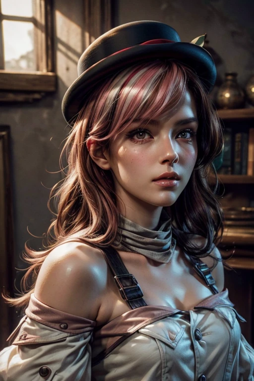 pink and brown hair, multicolored hair, neopolitanatlas, bowler hat, grey scarf, white gloves, white shirt, off-shoulder shirt, black sleeves, midriff, white belt, white pants, standsing in games room, cowboy shot, masterpiece,stunning girlfriend, heart shaped face, elegant face, beautiful face, highly detailed face, highly detailed skin, skin pores, subsurface scattering, realistic pupils, looking at viewer, full lips, detailed background, depth of field, atmospheric perspective, volumetric lighting, sharp focus, absurdres, realistic proportions, good anatomy, (realistic, hyperrealistic:1.4), 16k hdr,