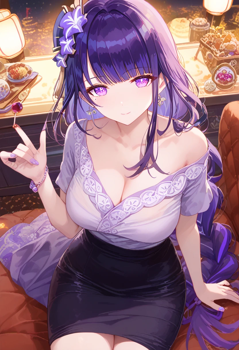 raiden shogun (genshin impact), 1girl, milf, long hair, looking at viewer, glamorous, aroused, maternal smile, blush, sexy, large breasts, purple hair, multicolored hair, short sleeves ,thighs, earrings,closed mouth, secretary, off shoulder, alternate costume, indoors, Tight long dresses,black skirt, from above,sitting on futon,at night, Temptation,