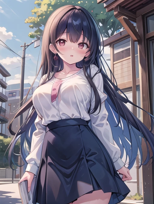 best quality, masterpiece, highres, detailed, perfect anatomy,comic, manga, page of comic,long hair, white shirt, skirt, brown eyes, outdoors, park, arge breasts, dark blue hair, drunk, jewelry, earrings, hoshimi, 25 year old woman, university building,