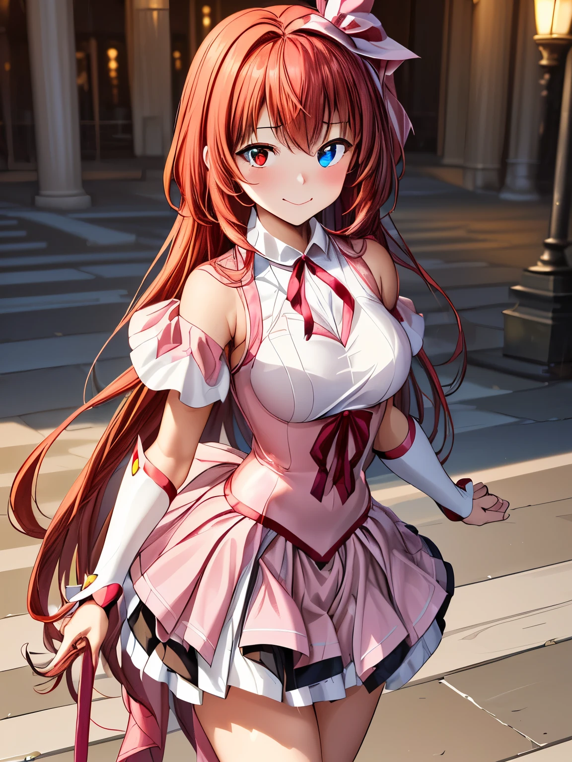 masterpiece,  best quality,  high definition 、  1 girl,solo、Standing、Luminous_Valentine、 red hair、  orange hair, Long Hair,  Sweep Bang , Waist-length hair, ( blue eyes:1.2),  rainbow heterochromia , (Red eyes:1.3), ( purple ribbon : 1.2), Big beautiful eyes, Cute mouth , ( cute light blue and pink costume:1.2),(idol costume 1 .5、 Magical Girl:1.5) closed mouth、smile、Embarrassed,  flared skirt showing right shoulder, whole body、 beautiful thighs