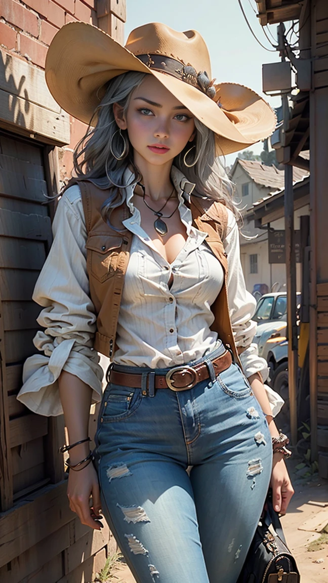 A Japanese woman walking in the city,Buildings,A plant,ssmile,Mixed Korean,The background is blurred out,focal,电影灯光,(((tmasterpiece))), ((best qualtiy)), ((Complex and detailed)), ((ultra-realistic realism)), Ridiculous resolution, A MILF, Mature woman, ssee-through, highly detailed, illustratio, 1girll, (huge tit), Thin waist and thick hips,long leges,beatiful detailed eyes, short detailed hair, brunette color hair, a purple eye, (Western denim:1.2),Western cowboy hat,Cowboy boots,(Cowhide vest),chaparejos,Western denim scarf,western cowgirl,Play as Red Dead Redemption,(American cowboys),(Westworld),Cowboy bounty hunter,Wears a Mexican wide-brimmed high-top felt hat、Carry a Colt revolver or shoulder carry a Winchester rifle、Wrapped around the bullet belt、Wear jeans leather top、Tight corset sleeves with skinny multi-bag jeans、Step on a pair of tall leather boots embellished with nails、Colored printed squares around the neck,(No underwear),pantiess, detailed back ground, perfect eyes, Seductive eye, looking at viewert, From the front,Wear light,