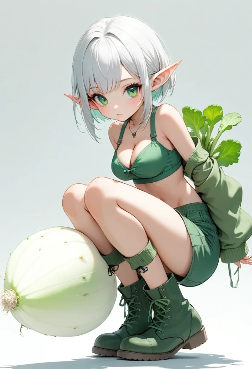 1girl, bshp, solo, full body, minigirl, white bob hair, green eyes, Pointy Ears, breasts, Cleavage, midriff, crop top, midriff, shorts, green lace-up boots, Squatting on a big white radish, simple background