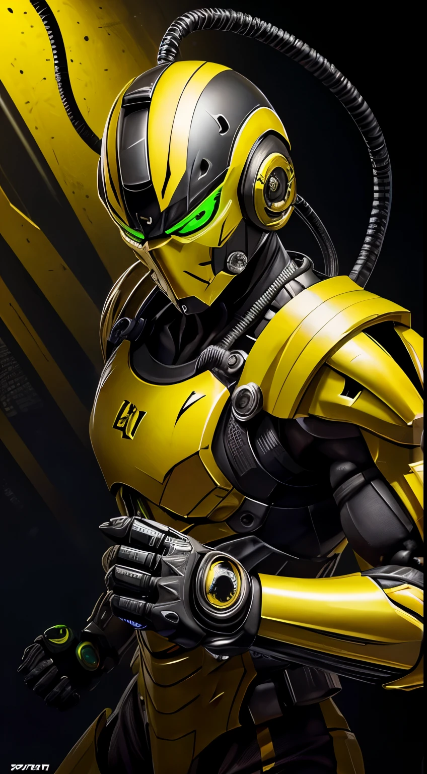 zxcrx, cyborg ninja wearing sleek, black and yellow armour that incorporates various mechanical components, his face is covered by a helmet with a green visor, wileds explosive bomb, equipped with arm-mounted buzzsaw blades, intricate, high detail, sharp focus, dramatic, photorealistic painting art by greg rutkowski