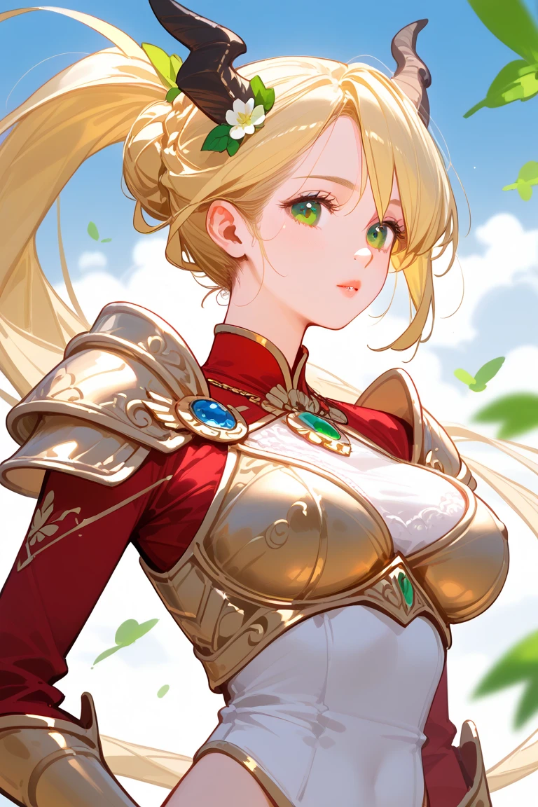 (Unity 8k wallpaper, 32k, ​Masterpiece, Super detailed, ultra high resolution, highly detailed eyes), A strikingly beautiful young woman with flowing, long blonde hair that gleams like spun gold, cascading gracefully over her shoulders. Her vivid green eyes exude a sense of determination and inner strength, contrasting with her soft and delicate facial features. Her lips are soft and pink, adding a touch of warmth to her strong and confident expression. She is adorned in an intricately crafted golden armor that radiates brilliance, featuring the bold emblem of a dragon prominently on the chestplate. Beneath the armor, she wears pristine white garments that complement the regal and heroic aesthetic. The golden armor is detailed with engraved patterns and subtle accents, reflecting its craftsmanship and significance. The setting hints at a noble battlefield or a grand hall, with dramatic lighting that highlights her commanding presence and the glow of her armor. The overall mood conveys power, elegance, and courage in a highly detailed, realistic, and slightly fantastical style. ((There is a dragon behind))