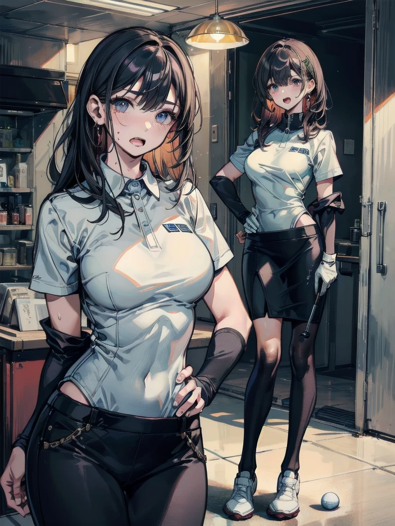 incredibly absurdres, RAW photo, extremely delicate and beautiful, masterpiece, Highest Quality, ultra high resolution, 32k, hyperrealistic, realistic, photorealistic, photo-realistic, Real, ultra-detailed description, Very detailed CG 8k wallpaper, detailed background, landscape, Beautiful Lighting, Perfect Lightning, Realistic Shadows, perfect , correct body, super Detailed skin, perfect figure, Perfect Style, Perfect balance, super Detailed skin, ideal ratio body proportions, in her 30s, very Slim body, narrow waist, very small head, very small face, delicate facial features, very detailed eyes and face, realistic face proportions, Realistic beautiful face, Realistic beautiful eyes, tearful mole, earring, very huge round , medium hair, asymmetrical hair, wavy hair, sidelocks, hair behind ear, half updo, thin legs, thigh, knees, eye rolling, drooling, with tongues, saliva, open mouth, blush, sweat, embarrassed, steaming body, heavy breathing, female , trembling, , , , full body shot, indoor, (golf uniform:1.2), pencil skirt, black hair,