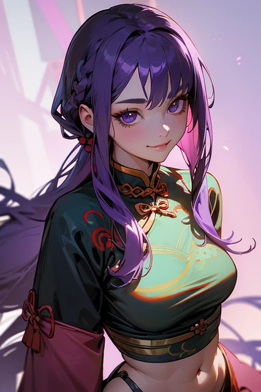 Face close-up、1 girl, Blunt bangs, Braiding, Wide sleeves, hair ornaments,Red and navy lace、(Purple Hair:1.2), Very long hair, Straight hair, Looking at the audience, Highly detailed background, (Realistic:1.2), Beautiful Eyes, Red eyeshadow, Written boundary depth，thigh, (Ulzzang-6500:0.7), Upper Body, (alone:1.2), Cleavage, Shiny skin、Hair blowing in the wind、Four fingers, One thumb、Rose、Floral pattern on clothes、drink alcohol、Please put your hands on your hips、Face close-up、close、Butt-bang！