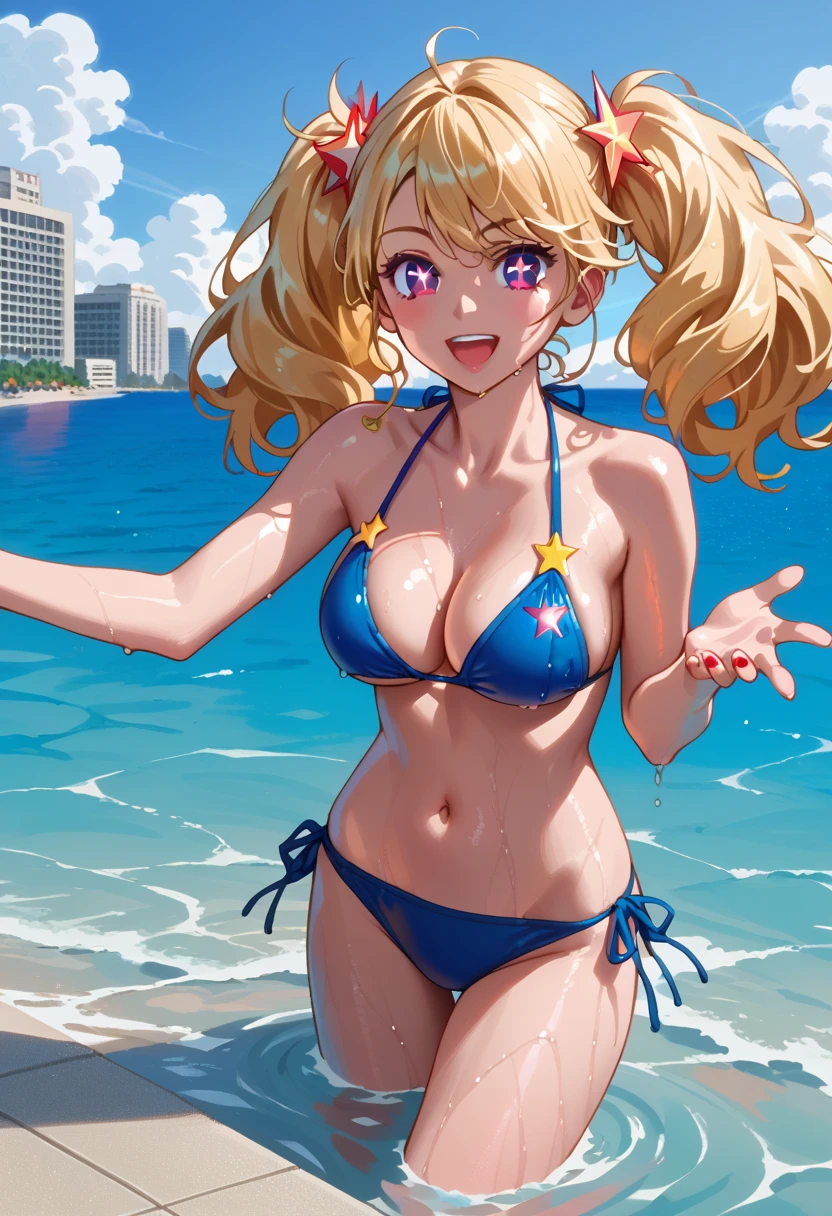 score_9_up, score_8_up, score_7_up, solo, source_anime, 1girl, super hero girl, star-shaped pupils BREAK 

Large breasts, Blonde hair, red eyes, twintails, big hair BREAK 

Blue bikini, navel, legs BREAK 

Outdoors, seaside, resort, buildings, wading, smile, looking at viewer, open mouth, wet BREAK 