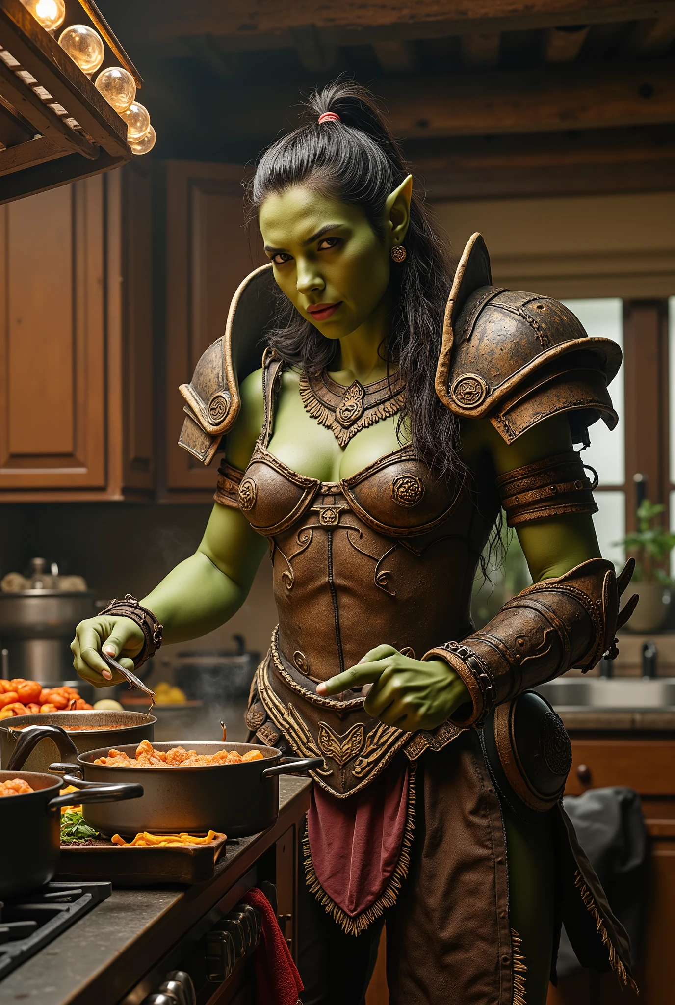 a photo of beautiful young orc girl blacksmith, shewoworc, fit and strong, fangs, (green skin:1.2), (elf ears:1.2), (blacksmith apron:1.2), sweaty, (Mohawk:1.2), curvy, upper body,(detailed skin texture:1.2),(masterpiece, high quality, 35mm photography, highly detailed,64k,highres,raw photo in hdr, sharp focus, atmospheric:1.1)  <lora:sxz-orcs:0.7>