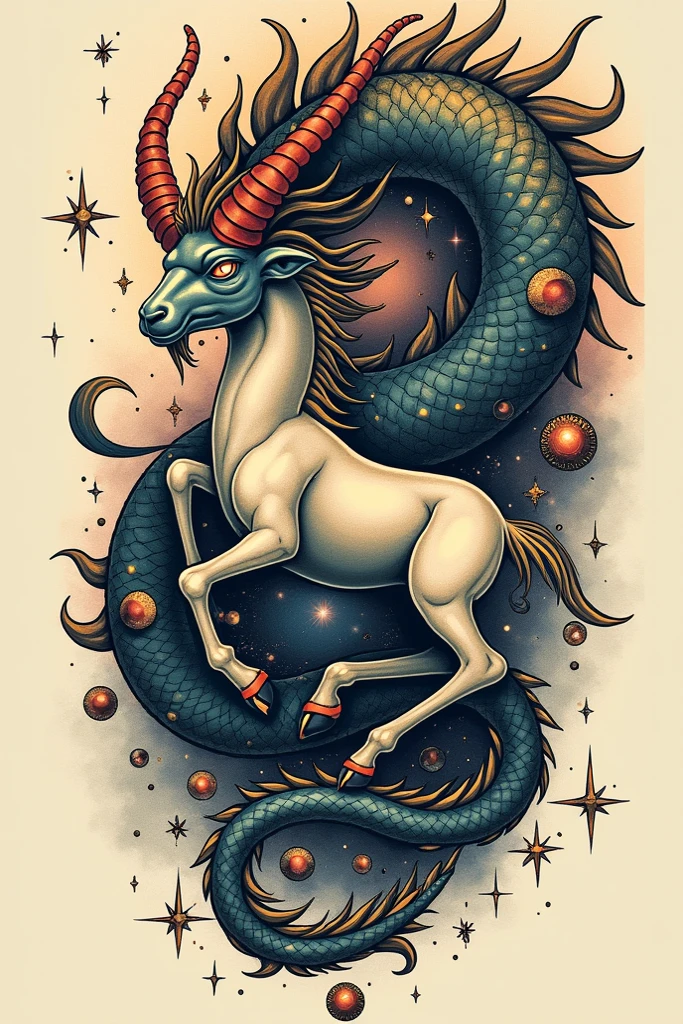 Get a tattoo of a red dragon along with a bull, with the sun, the moon and saturn and nature, on the back of a white woman 