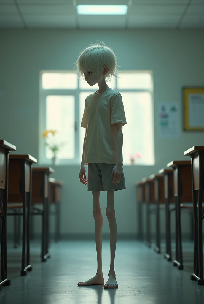 makea boy ghost who's in a classroom sitting and facing the white board. he's not facing our direction since we're on the hallway and we are somehow far away from him. we only see him because the classroom and made up of glass and the hallway and room is kinda dark