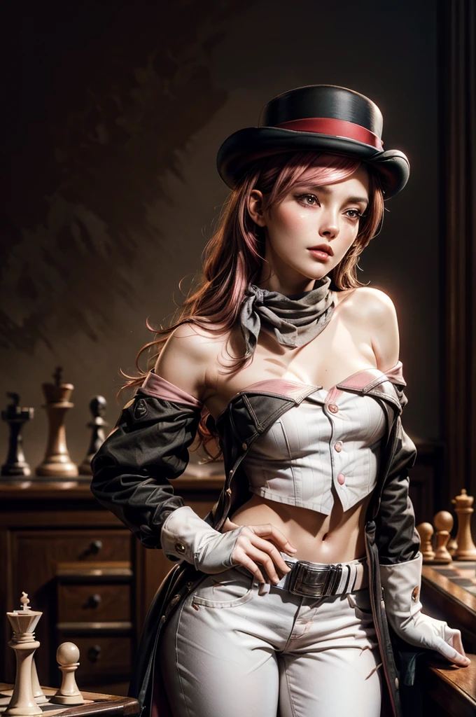 (​masterpiece、top-quality:1.2)、cowboy  shot、独奏、female focus、1girll、Hisoka\(Hunter × Hunter)、evil smile、Look at viewers、sleeveless、PlayingCards