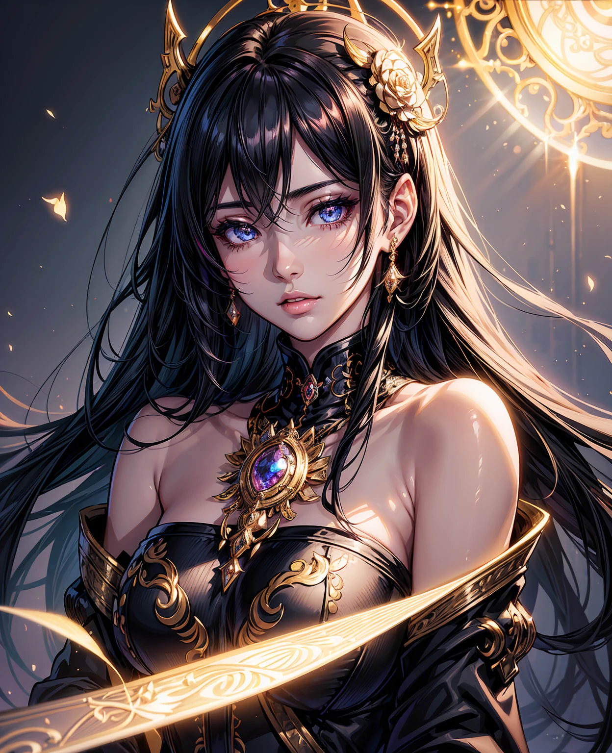 (Full Body),A woman with black hair wearing a golden dress, Portrait of a girl in the Knights of the Zodiac, Ayaka Genshin Impact, Close-up of a woman with black hair wearing a golden dress, portrait knight woman, Ayaka Games Genshin Impact, Amazing character art, 8K Portrait Rendering