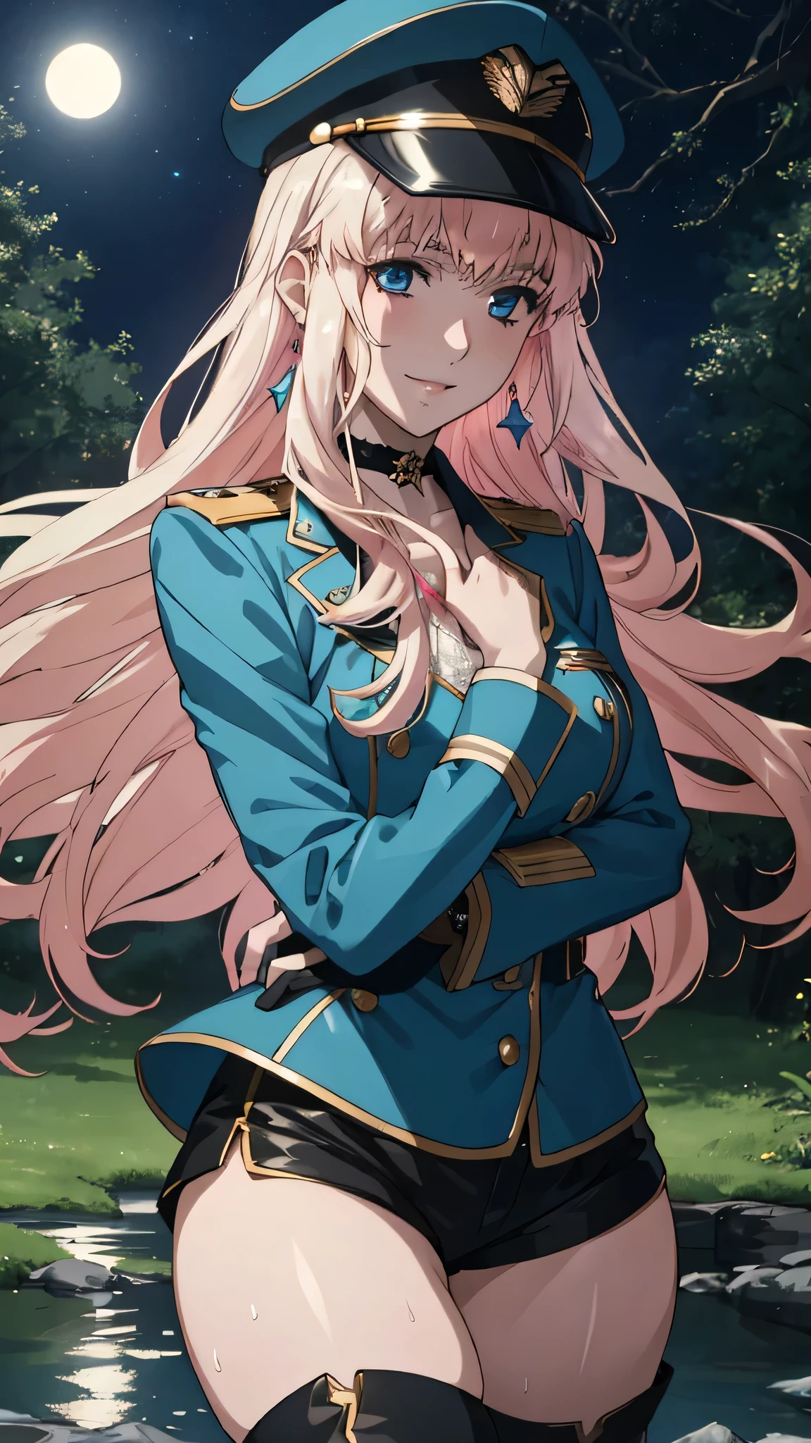 sheryl nome ,outdoor ,night forest ,lake,trees ,moonlight,shining,Shine,twinkle,stars ,multicolor hair ,  gradient hair , golden hair,Pink Hair, Long Hair, blue eyes,  earrings ,  jewelry, Peaked Cap, Gloves,  choker, uniform, military, blue military uniform, black short pants ,black knee high boots,CGSociety, looking at viewers,beautiful face,beautiful breast,beautiful thighs,smile,sweat,dynamic pose,realistic white lace panties,
break masterpiece ,8k unity wallpaper,anime key visual,highest quality, High resolution,  (shape:0.8),anime coloring,highly detailed face, detailed eyes,growing eyes,shiny skin,fine skin,white skin, pale skin,detailed hair,highly detailed legs,perfect lighting, Detailed CG, (perfect hands, perfect anatomy),High resolution,(Detailed wear ),slender limbs, delicate curves, dainty hands,figure:0.8,