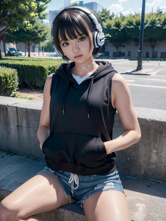 (​masterpiece、ultra-detailliert、8K、top-quality:1.5)、((Awesome))、Shorthair with bangs、((Wearing a black hoodie、white sleeveless shorts))、smil、((Wear black headphones around your neck))、sitting on、a park、Put your hands in your hoodie pockets