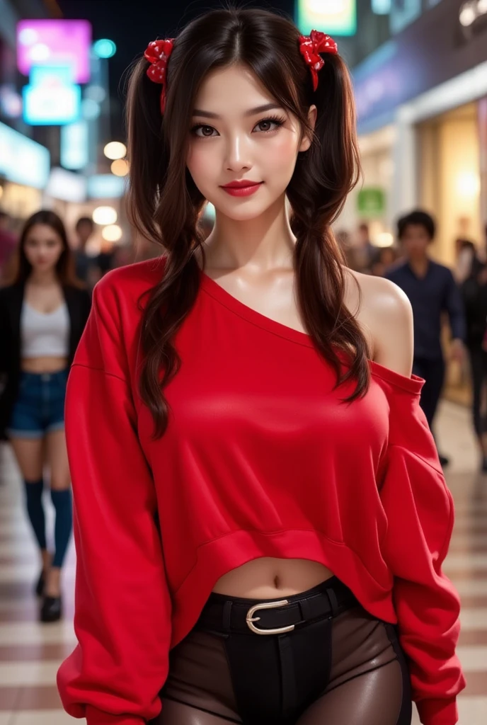  create a Korean girl who wears clothes with a loose-fitting red sweatshirt with big breasts, Y LEGGINS , walking in a mall with people and night lights , brown eyes, smiling, with red hair with black  (  bicolor black hair with red and bows in her pigtails  ) very realistic, real selfie  
