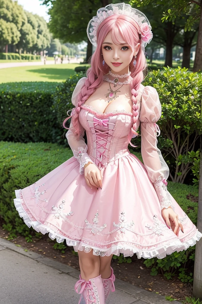 (nsfw), sexy stylish Swedish model, only 1 female, ((doll-like appearance)), short neon pink stylish hair, ((shiny Victorian-Style boots)), (big smile), ultra detailed eyes, vivid eye makeup, lip-gloss, long lashes, defined eyebrows, ((sexy Paradise Kiss cosplay)), bell-shaped skirt, petticoats, high neckline, puffed sleeves, ((ultra detailed lace)), ((ultra detailed embroidery)), intricate details, Paradise Kiss accessoires and matching headpiece, choker, ((large sparkling Paradise Kiss jewelry)), cinematic light, detailed large park background with trees