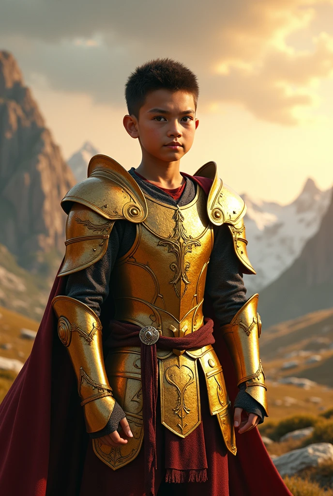 Shota with an imposing presence. His half-naked armor, forged from obsidian and gold, clings to his sinewy frame. Red gemstones blaze like malevolent eyes across his chestplate. A circlet rests upon his brow, marking him as both ruler and tyrant. His cape, crimson as spilled blood, billows behind him—a dark banner of conquest.