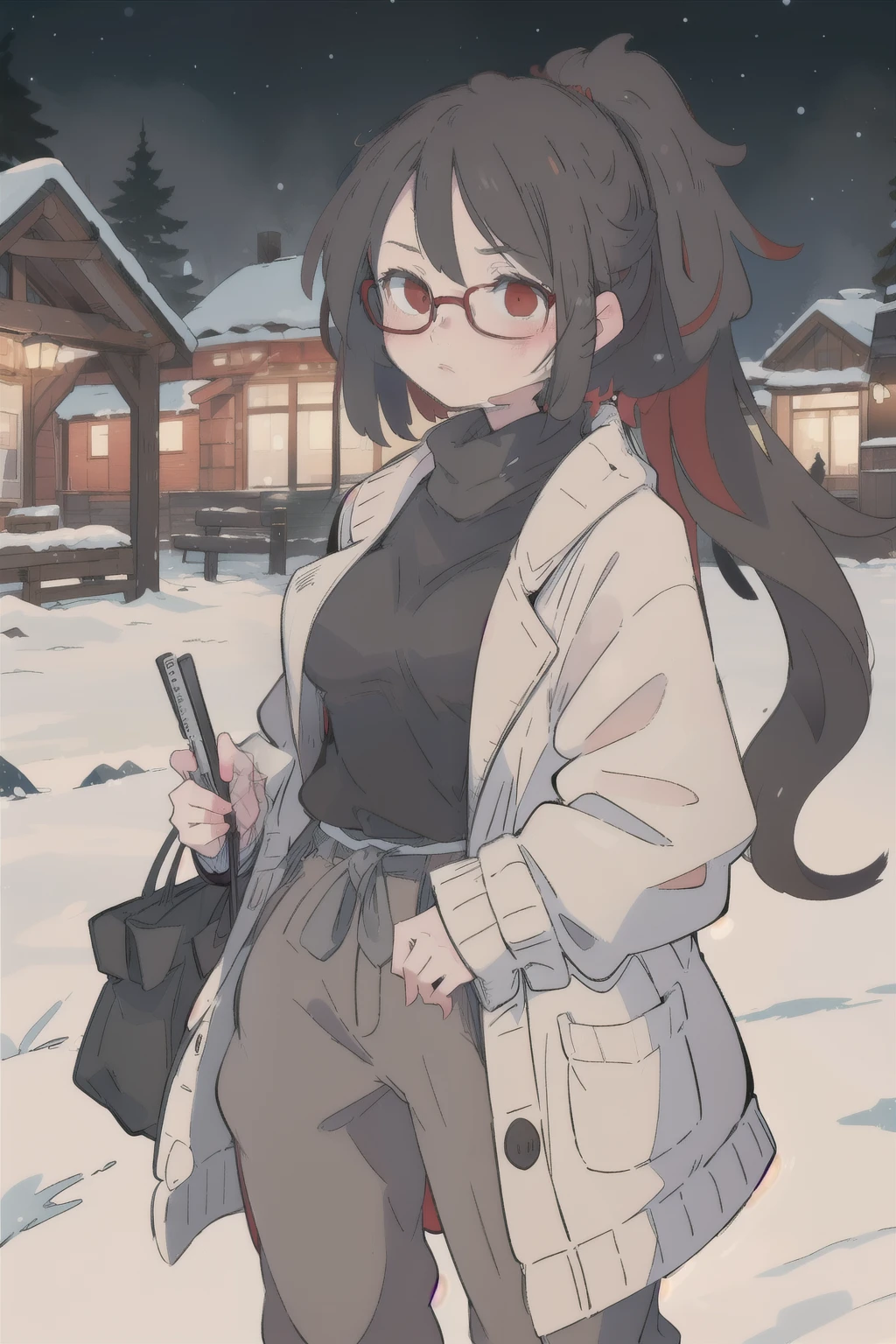 gorgeous woman, very long black hair tied in high ponytail,  dull red eyes, glasses, baggy Winter clothes, coat, oversized gray pants, lithe physique, medium breasts, limited color range, winter core, snowing, cozy, fogging breath, nostalgic, innocent, bokeh