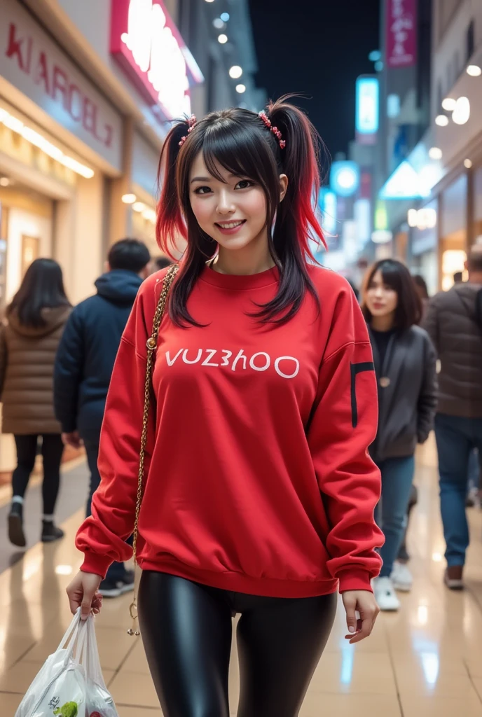  create a Korean girl who wears clothes with a loose-fitting red sweatshirt with big breasts, Y LEGGINS , walking in a mall with people and night lights , brown eyes, smiling, with red hair with black  (  bicolor black hair with red and bows in her pigtails  ) very realistic,  holding a sign that says  "ZuzyPhoo  " real selfie  
