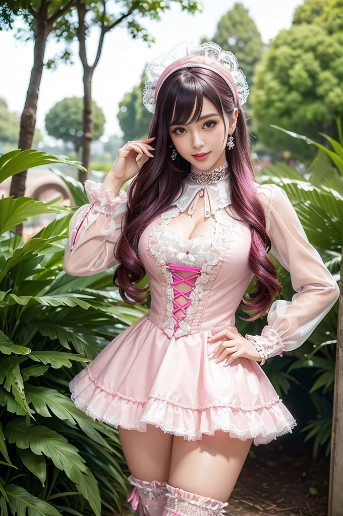 (nsfw), sexy stylish Swedish model, only 1 female, ((doll-like appearance)), short neon pink stylish hair, ((shiny Victorian-Style boots)), (big smile), ultra detailed eyes, vivid eye makeup, lipgloss, long lashes, defined eyebrows, ((sexy Paradise Kiss cosplay)), bell-shaped skirt, petticoats, high neckline, puffed sleeves, ((ultra detailed lace)), ((ultra detailed embroidery)), intricate details, Paradise Kiss accessoires and matching headpiece, choker, ((large sparkling Paradise Kiss jewelry)), cinematic light, detailed large park background with trees