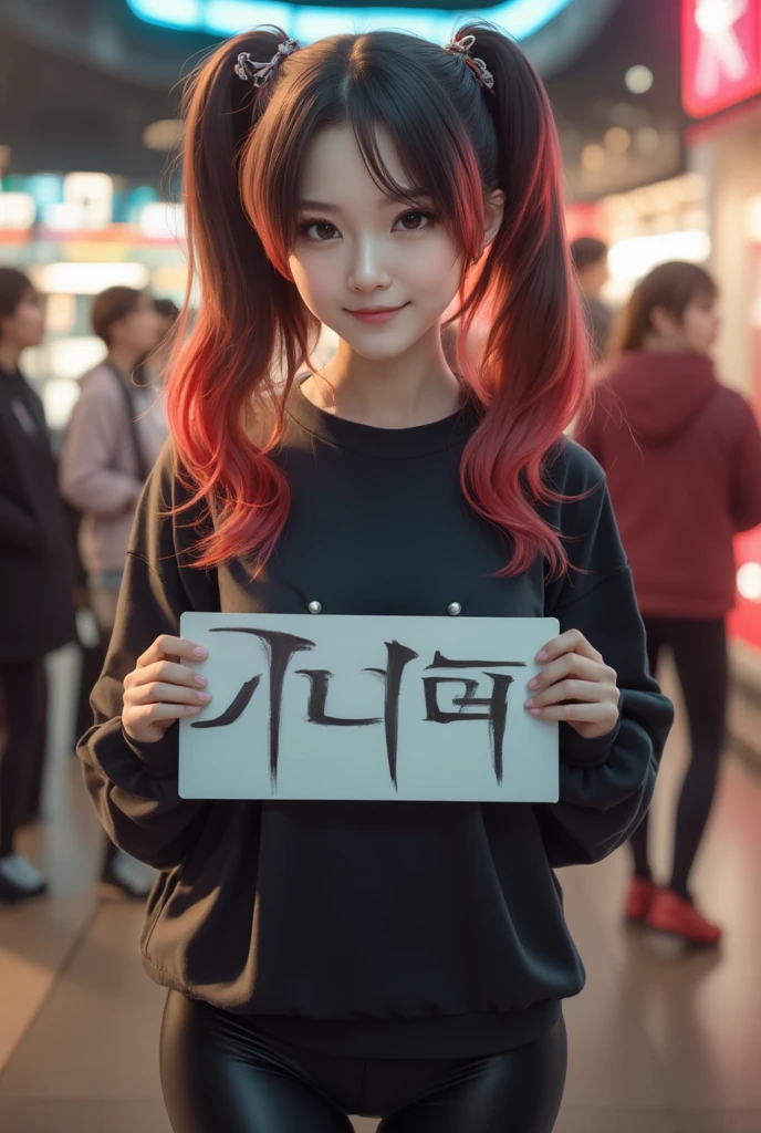 Create a Korean girl who wears clothes with a loose-fitting black sweatshirt with big breasts, Y LEGGINS , walking in a mall with people and night lights , brown eyes, smiling, with red hair with black  (  bicolor black hair with red and bows in her pigtails  ) very realistic,  holding a sign that says  "ZuzyPhoo  " real selfie  
