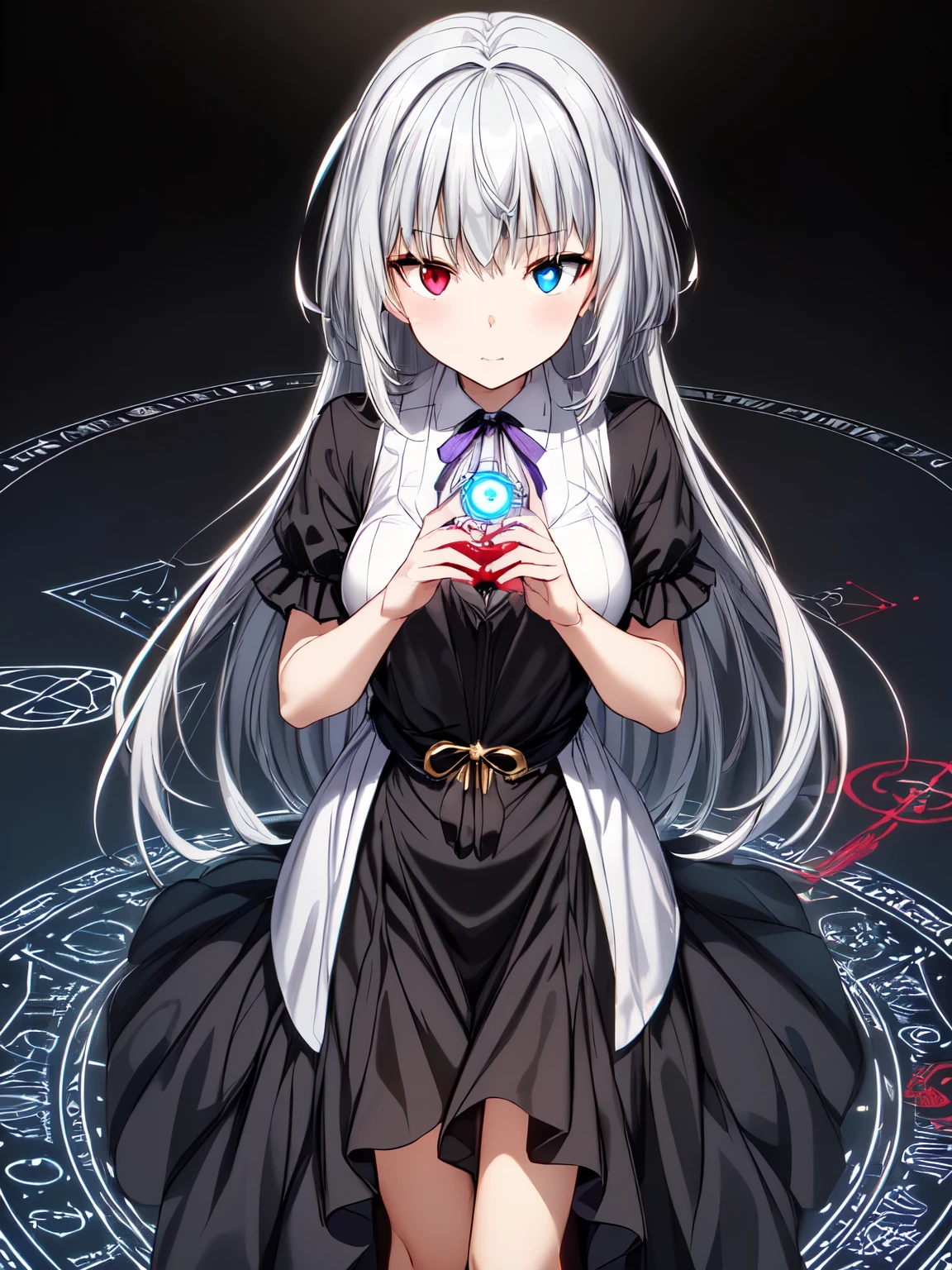 Black background、Dark Night、( A beautiful magic circle shining on the ground:1.15)、(A cute girl in the center of the magic circle:1.5)、 is about to use magic 、 1 girl,solo、Standing、Luminous_Valentine、 silver hair、 白 silver hair, Long Hair,  Sweep Bang , Waist-length hair, ( blue eyes:1.2),  rainbow heterochromia , (Red eyes:1.3), ( purple ribbon : 1.2), Big beautiful eyes,