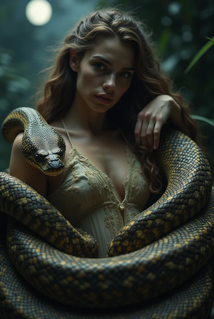 Horny, aroused 1girl), beautiful kneeling girl with giant snake python squeezing her hard, wrapped in thick spiraling coils, constricted, struggle, gasping for air, snake attack, snake peril, moonless night, dim light