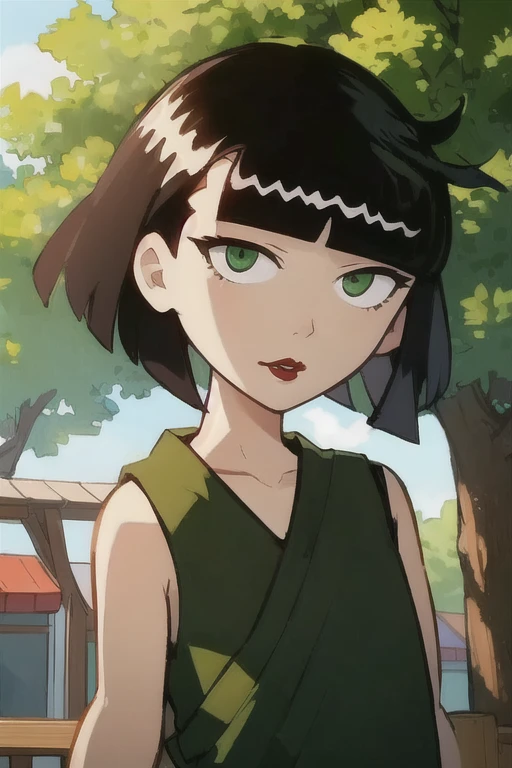 portrait, sharp focus,  soft lighting ,     similar to Kemono ,   depth of field  ,  outdoor, trees,  Ingrid,  green eyes, lipstick,  red lips ,  black hair , short bangs, bob cut 