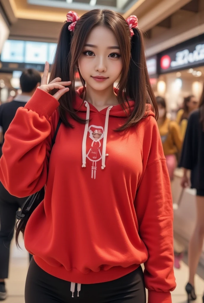  create a Korean girl who wears clothes with a loose-fitting red sweatshirt with big breasts, Y LEGGINS , walking in a mall with people and night lights , brown eyes, smiling, with red hair with black  (  bicolor black hair with red and bows in her pigtails  ) very realistic, real selfie  
