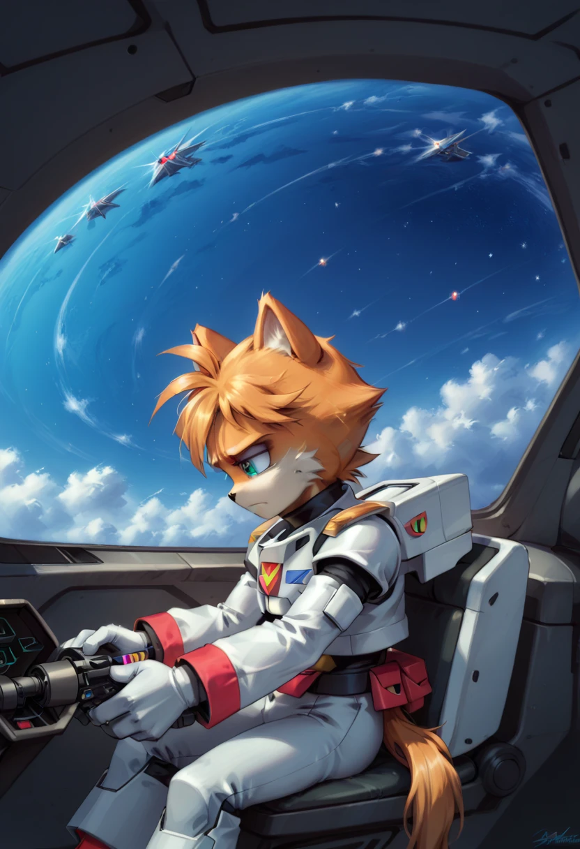 Miles Tails Prower,piloting a Gundam in a cockpit,equipped with heavy weapons and beam saber in 90’s style.The scene has a warfare,grounded,Gundam style and a realistic,sad tone. Space colony setting in the background, a terrified apparition