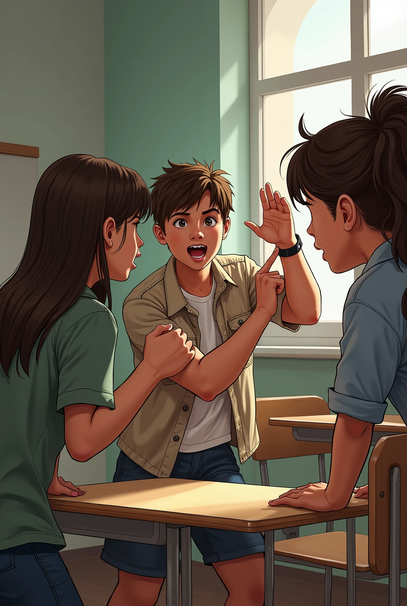 Create a group of 4 girls bullying 1 boy