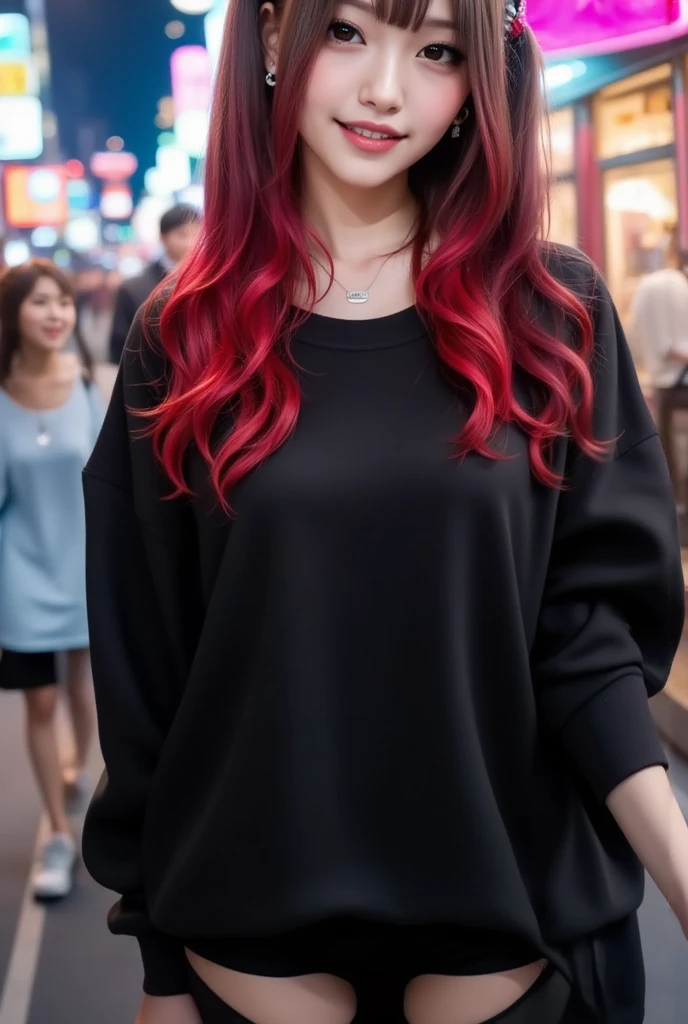 Create a Korean girl who wears clothes with a loose-fitting black sweatshirt with big breasts, Y LEGGINS , walking on the street with night lights, brown eyes, smiling, with red hair with black  (  bicolor black hair with red and bows in her pigtails  ) very realistic, real selfie  