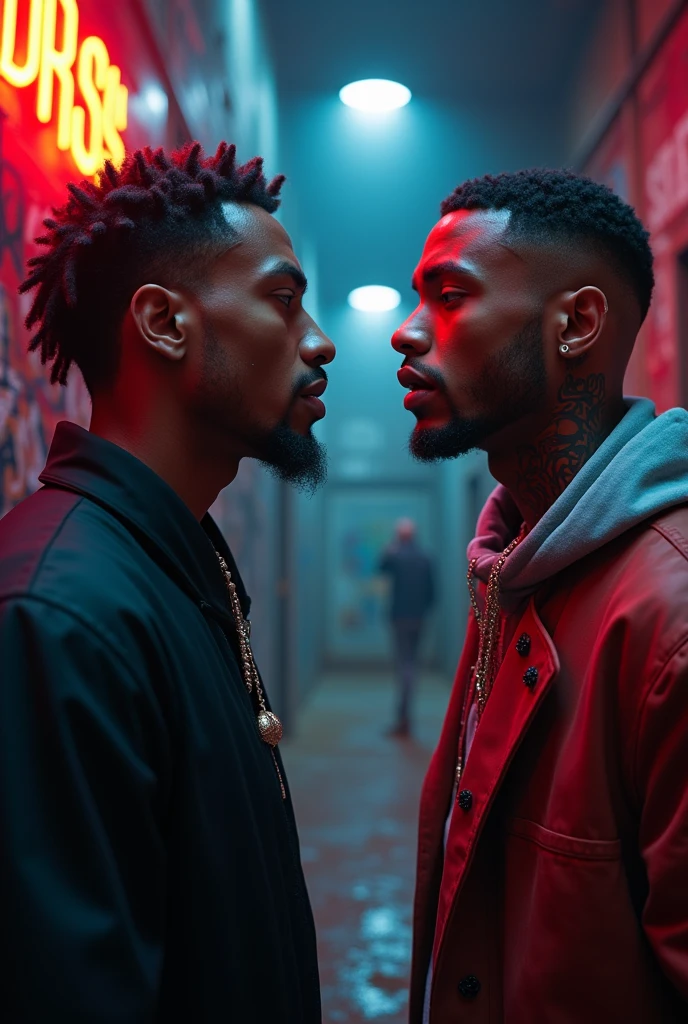 (two black guys, one of 18:1.1, other 16),ultra-detailed,realistic:1.37,Outer space,tall and muscular,singing on stage,black coats with Big trippin written on it,portraite,studio lighting,bright coloured,energetic vibes