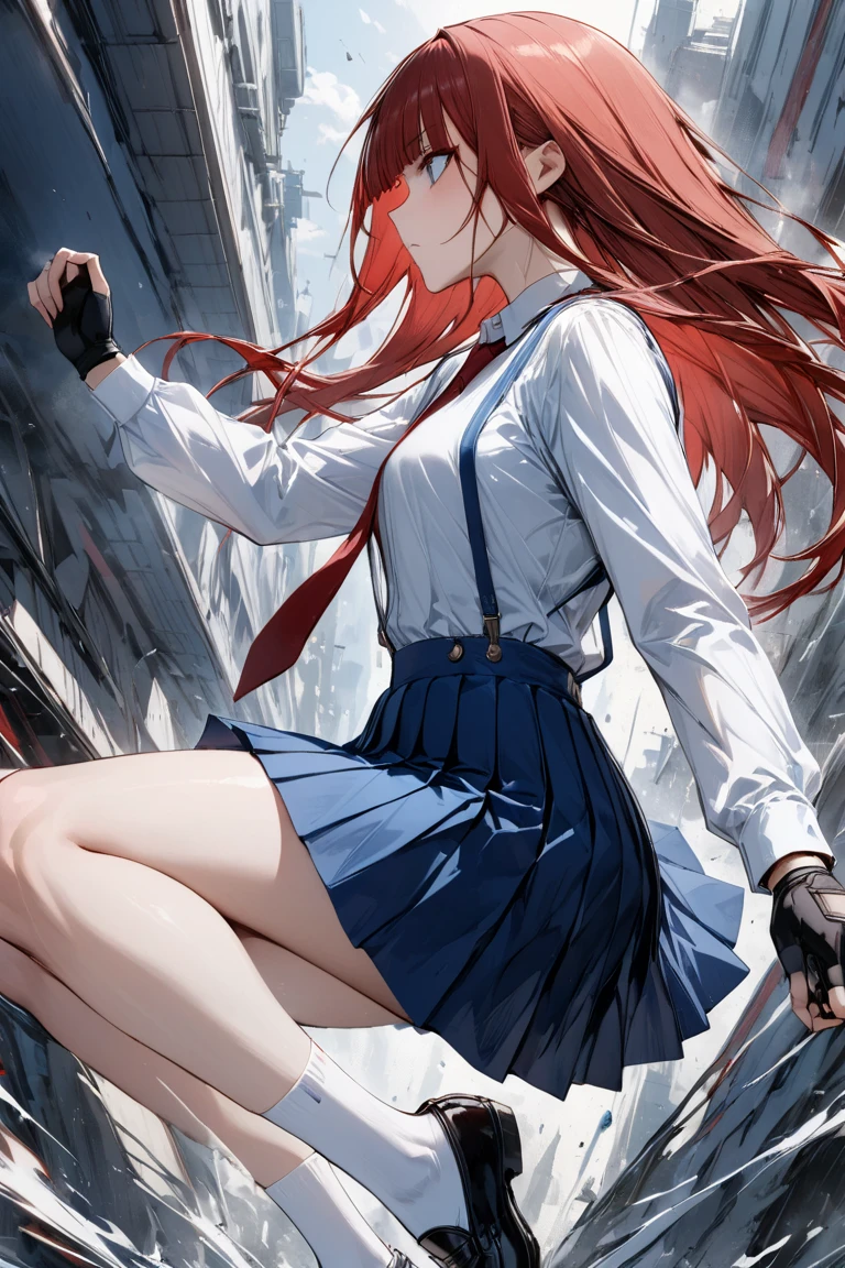 Dynamic composition,action,{{masterpiece}}, {{{Highest quality}}},{{Very detailed}},from side,blue suspenders, blue Pleated Miniskirt,white Long sleeve white blouse, loafers,black fingerless gloves,Red tie,White socks,Straight hair,Long hair ,Red Hair, blunt bangs,hand