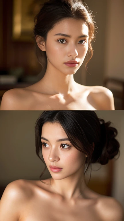 A lady in low-cut silk pajamas, open neckline, front face, slim figure, medium bust, bust, continuous shot, front view, left view, right view, rear view, right top side light, film quality, 16K