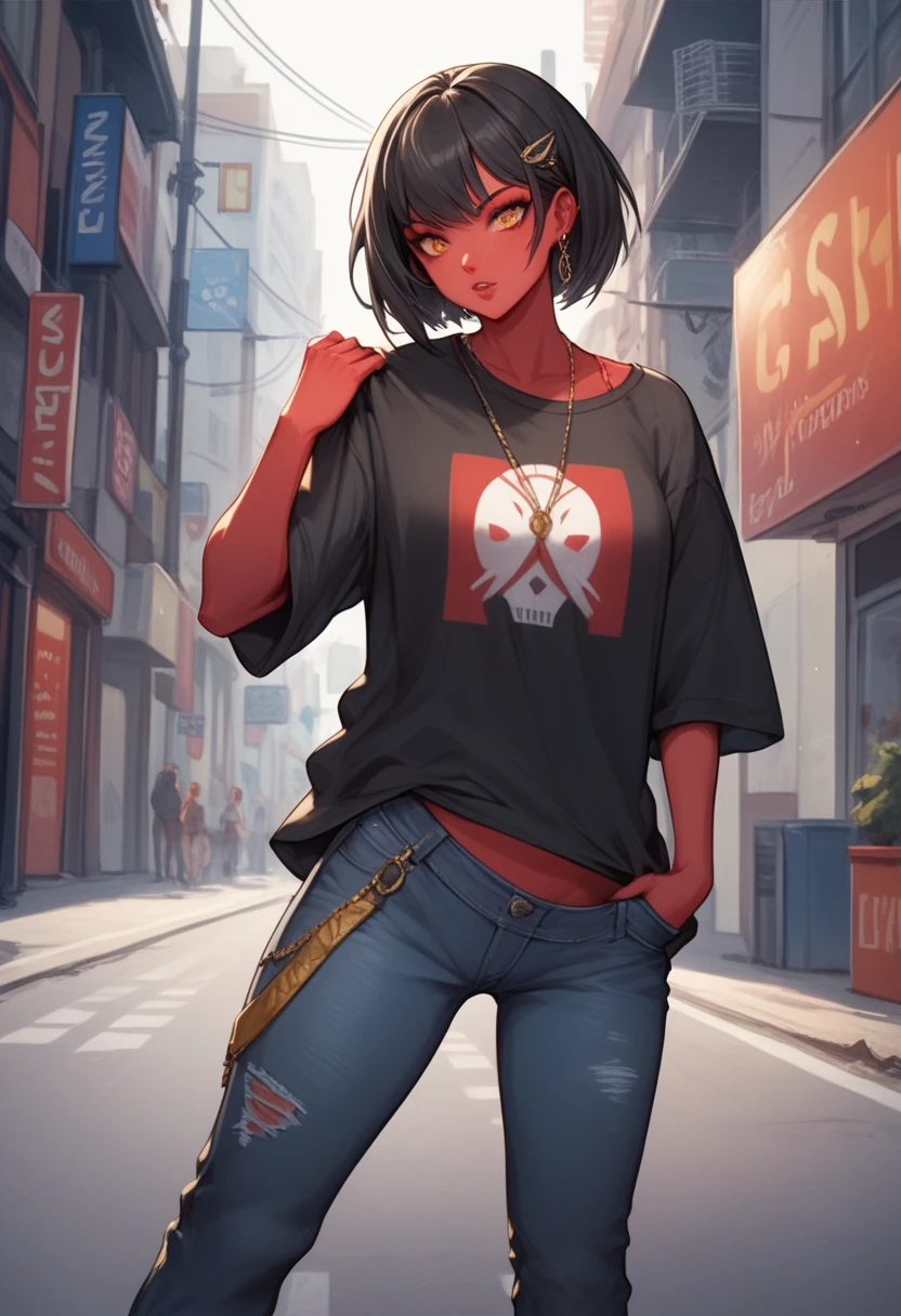 Redna comics,****ung woman, average and athletic build, 1m75 tall,red skin,average musculature, slim muscular, short black hair cut in a bob, amber eyes, hip hop streetwear clothing style,black baggy slim jeans,long t-shirt ,illustration , street in background