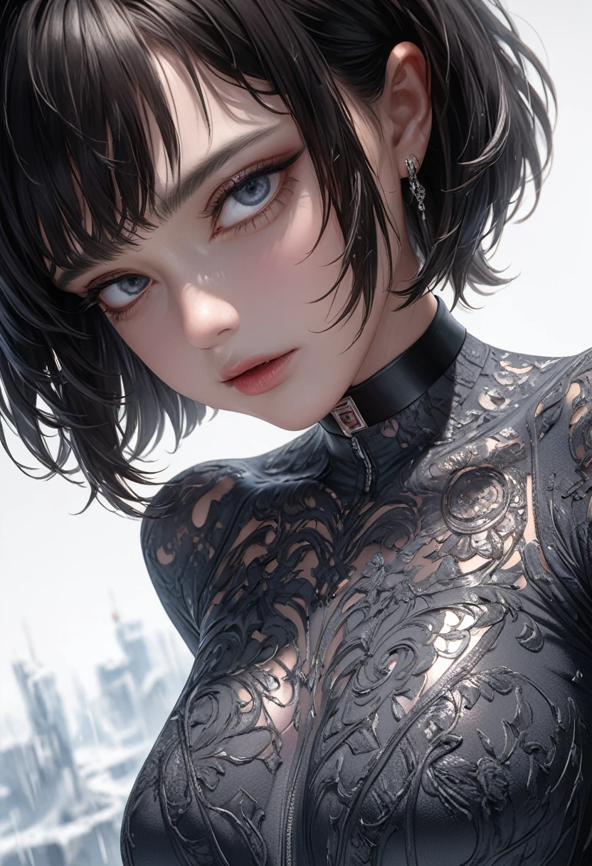 beautiful woman looking up from below , cool and sadistic , A and face, looking down with a cold gaze, compensate, Beautiful tousled short hair , Large percentage, Tight Suit, choker, ( super detailed, The perfect solution, best quality :1.3), 2.5D, Delicate and dynamic, Shading Effects , graphic、Nice body、Overwhelming、 CG Digital Art