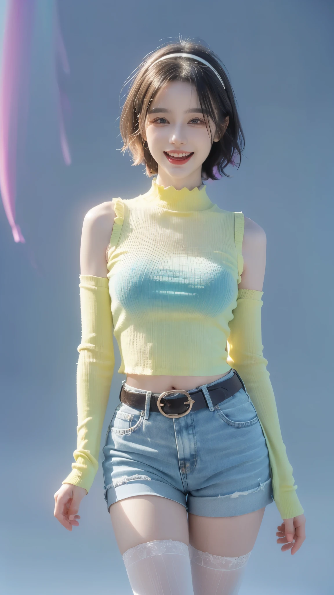 1 woman, mature woman, solo, NOT DASHA TARAN, full body standing, perfect body, best quality, 32k, photograph, full body (head to toe), tone mapping, ((houjou satoko,short hair,black hairband,rainbow colors mix hair,violet eyes,hair between eyes,random shirt, random sleeveless or long sleeves shirt, pink tonalities flower psychedelic colors detailed shirt, shirt tucked in, mid sized breasts,belt,short shorts,blue tonalities multicolor shorts, white socks, pink footwear, athletic, big woman, pink and white striped stockings, military pattern headband, funny random hat)), asian-european, ((golden blonde hair, short hair, purple eyes)) perfectly drawn hands, ((masterpiece)), ((highres)), ((detailed background)), japanese village background, next to a river, (big proportions), cute pose, (laughing, teeth are visible, energetically laughing), ((perfect eyes, detailed eyes, realistic eyes)), ((sharp face, detailed face, realistic face, natural skin, realistic skin, detailed skin, pores)), rainbow-like-multicolor hair:1