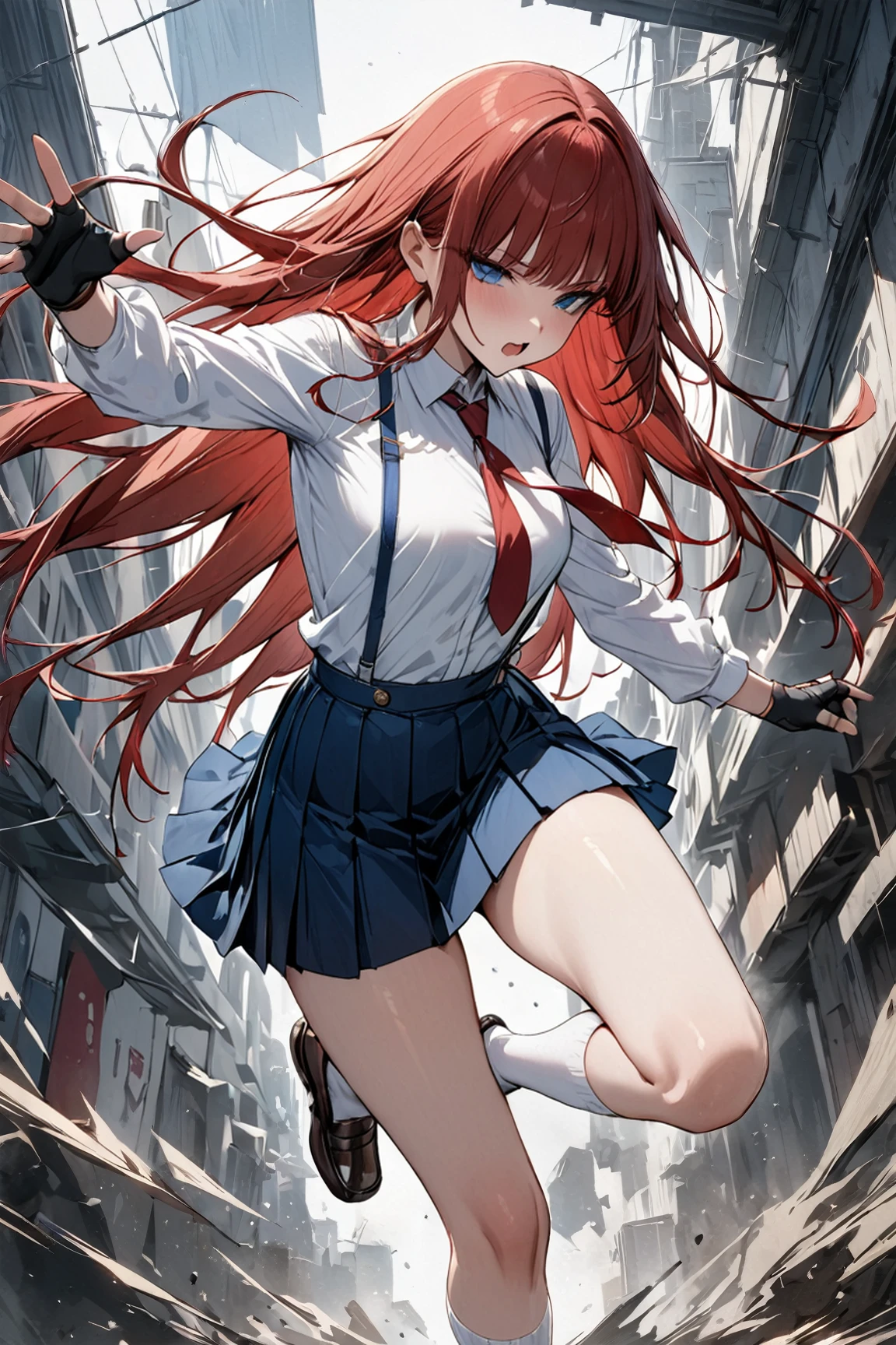 Dynamic composition,action,{{masterpiece}}, {{{Highest quality}}},{{Very detailed}},blue suspenders, blue Pleated Miniskirt,white Long sleeve white blouse, loafers,black fingerless gloves,Red tie,White socks,Straight hair,Long hair ,Red Hair, blunt bangs,hand