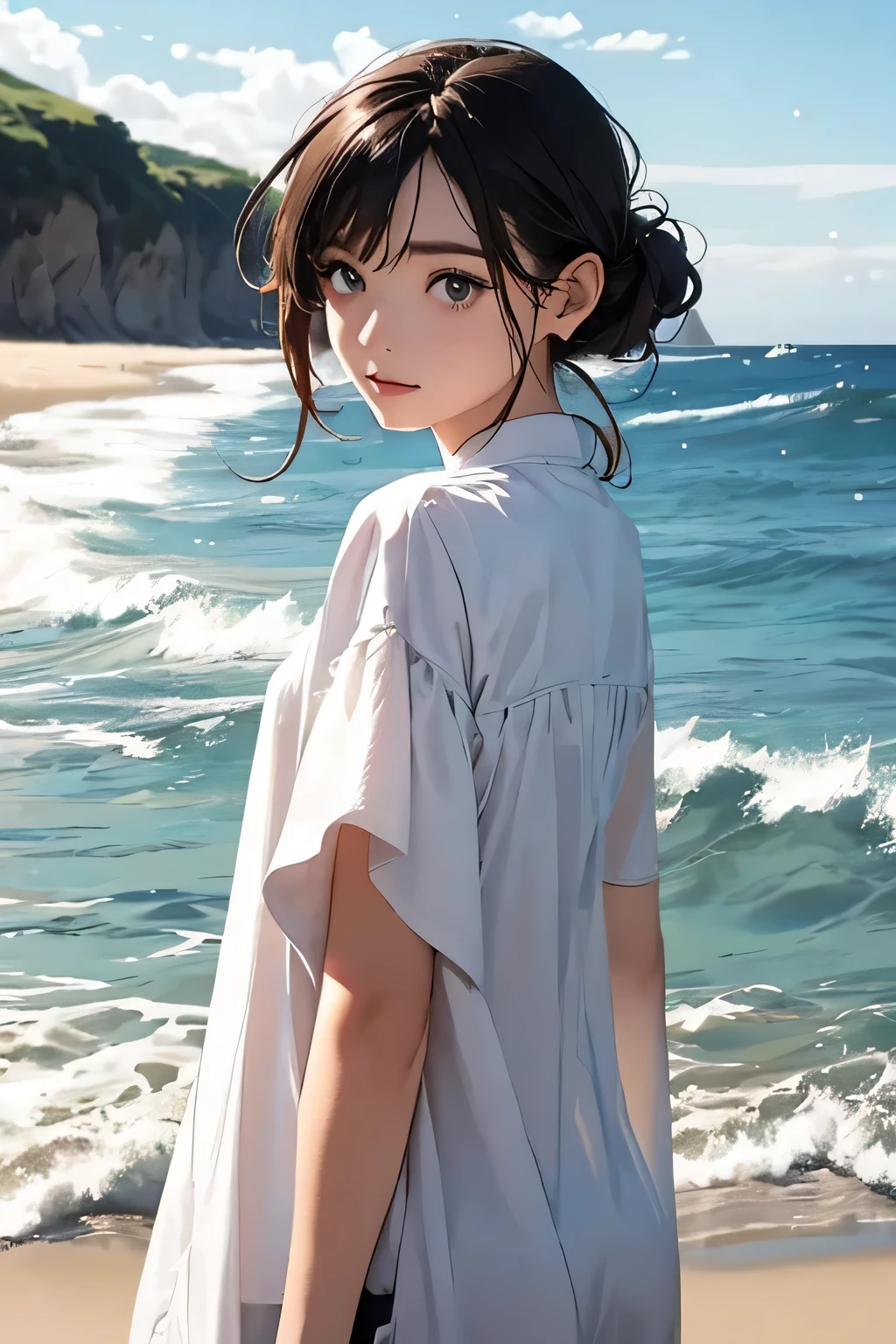 (((Looking at the sea)))、(((Surprised face)))、((1 person)),Masterpiece,best quality, ((Floral Skirt))),Sandals ,((White sleeveless shirt))、((Ocean Background))、((Expressionless)),determined expression, Upper body diagram、 (Highest Resolution、Clear_image)、Best Quality、Light and shadow contrast、((illumination))、Very detailed、Semi-realistic、Braided hairstyle、Brown Hair、bangs、19 years old、　Lady,,young、((View from behind))、Delicate Facial Features