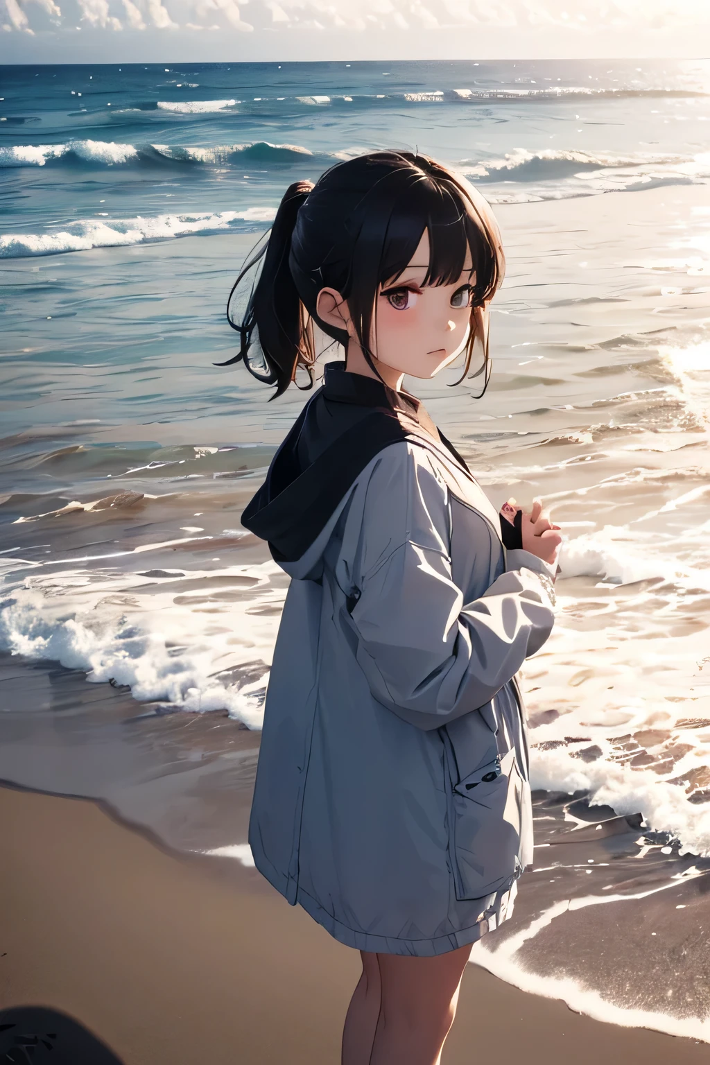 (masutepiece), (Best Quality), hyper detailed illustration，beautiful artwork，(Extreme Detail CG Unity 8K wallpaper、​masterpiece、top-quality)、(exquisite lighting and shadow、highly dramatic picture、cinematic lens effects)、One girl in white hoodie and school swimsuit standing beach, black long haired girl wearing hoodie,  Wet，(Evil smile)，Brown eyes，(Tsurime)，(straggling hair)，Saw，(Wet)，poneyTail，(on the beach)，beach side，(light sparkles)，(light particles)，(strong light coming in)，(twist waist:1.1)，(head tilt)，(from side:1.2)，