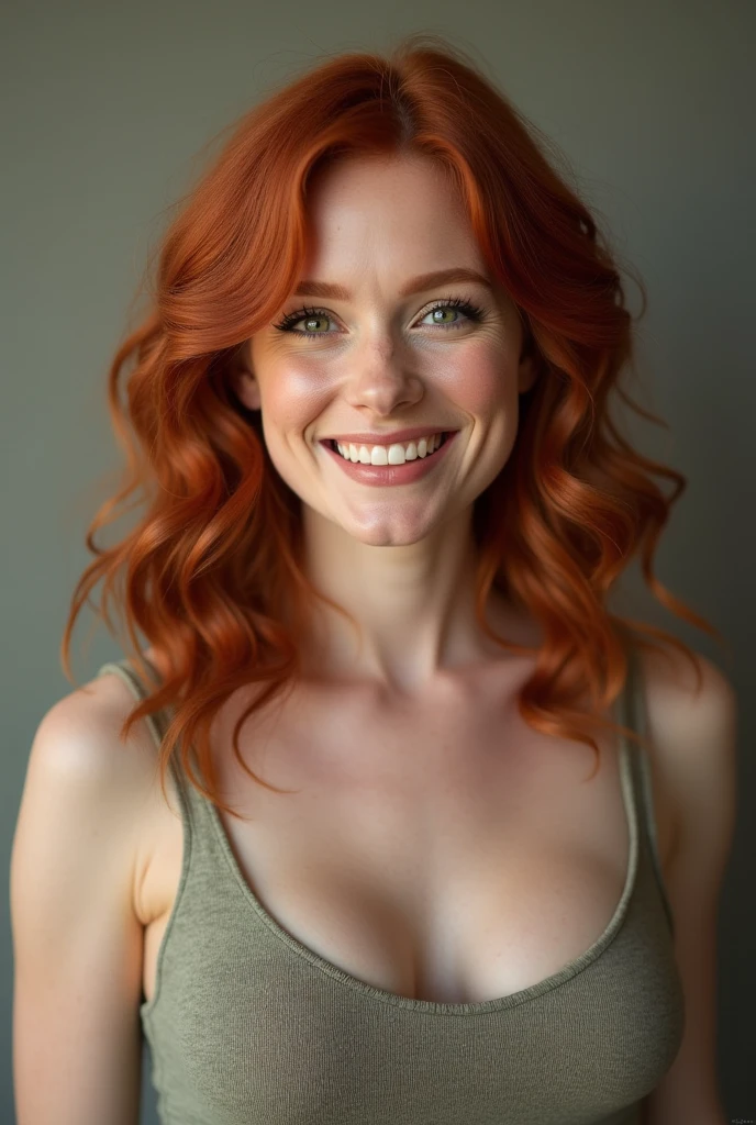Girl s beautiful average looking woman, smiling, white teeth, small breasts, nice body, big ass AND grandes pechos, (foto de cuerpo completo) , baggy tshirt, ((leaning forward)), down blouse, (looking at the camera:1.4), (highest quality), (best shadow), intricate details, interior, ginger hair:1.3, dark studio, muted colors, freckles