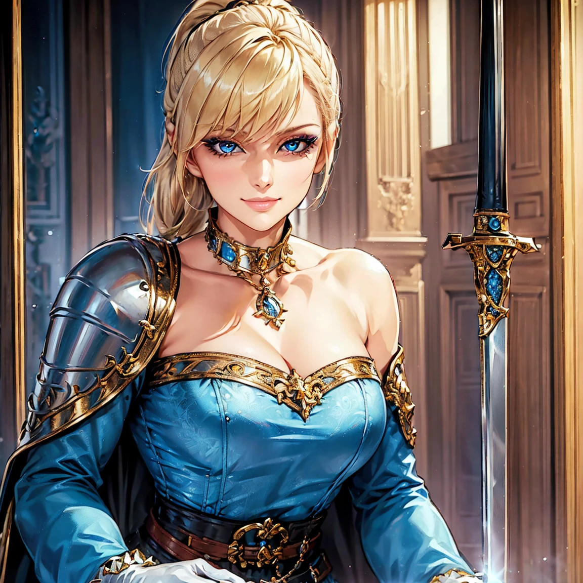 masterpiece, best quality,( Beautiful Women), cool face , blonde hair ,  ponytail, blue eyes,Sharp bangs,Oblique eyes, small eyes ,(Glare:1.0),( smiles lightly),( clevis:1.3),( detachable collar ), cape with standing collar ,clavicle,Skin only, collar necklace , medium bust ,(knight),knight corset,knight belt,(Cape), comments,Arm Sleeves, white gloves,( upper _body),( holding a western sword pattern:1.3),( blue costume ),